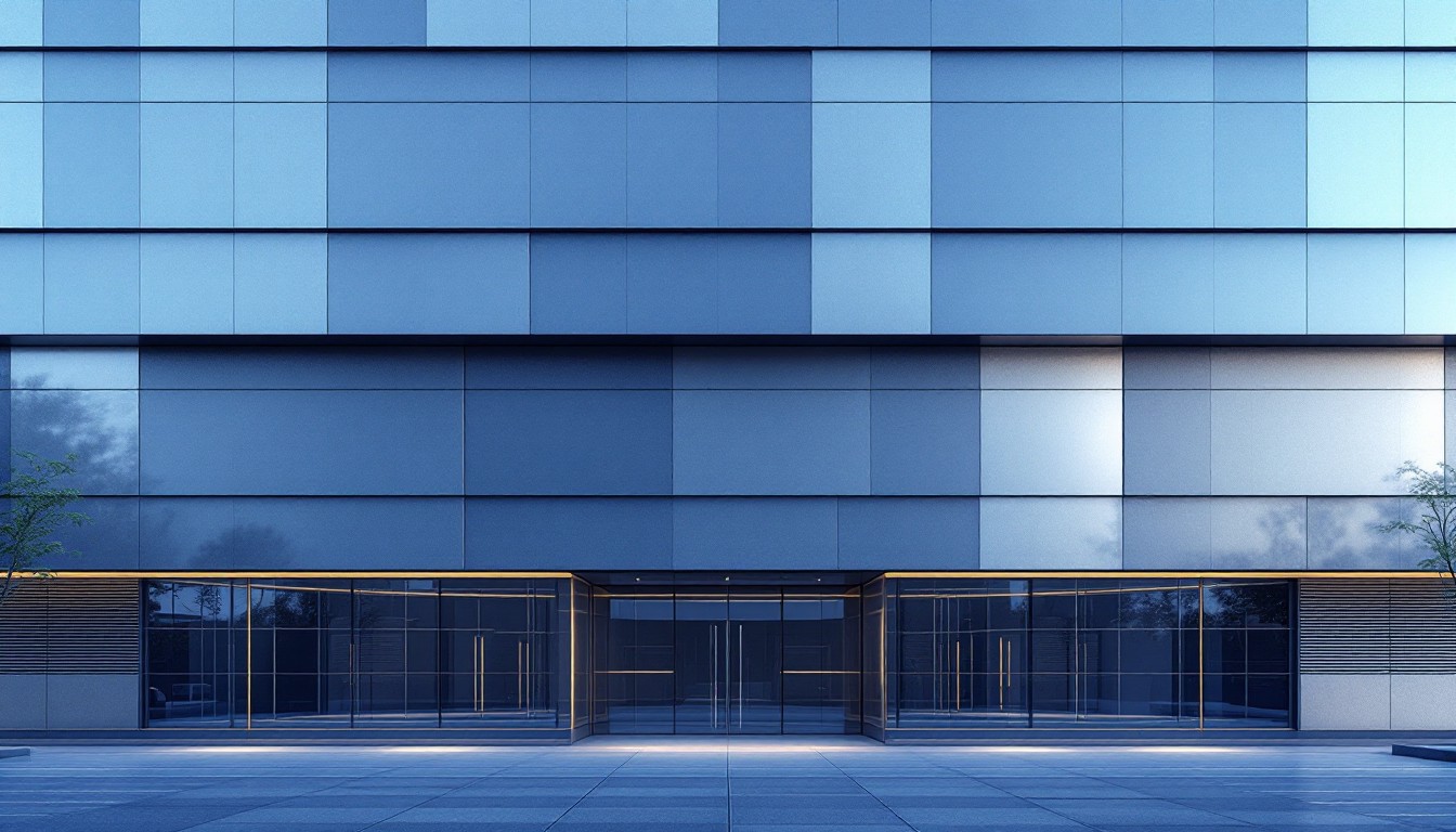 Edificio moderno de vidrio bajo cielo azul